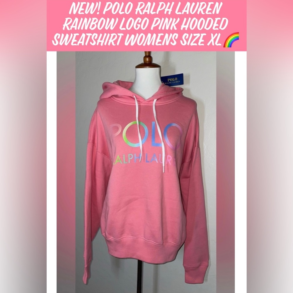 New! Polo Ralph Lauren Rainbow Logo Pink Hooded Sweatshirt Womens Size XL🌈